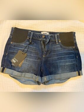 PAIGE Dark Blue Rolled Cuff Denim Shorts with Black Stretch Waist Panels